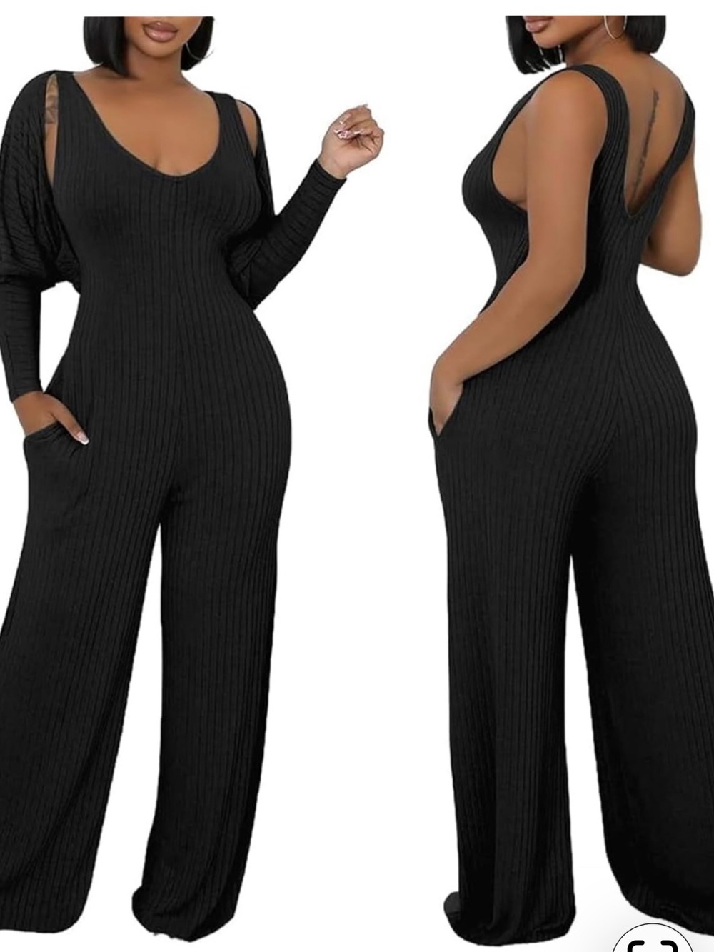 Black Ribbed Wide-Leg Jumpsuit - Women size Small
